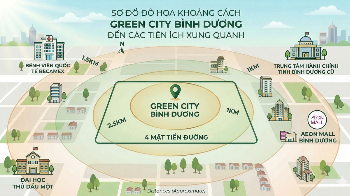 Hệ thống tiện ích ngoại khu đẳng cấp xung quanh Green City Becamex Bình Dương bao gồm Trung tâm thương mại Aeon Mall, Bệnh viện quốc tế và trường học các cấp.