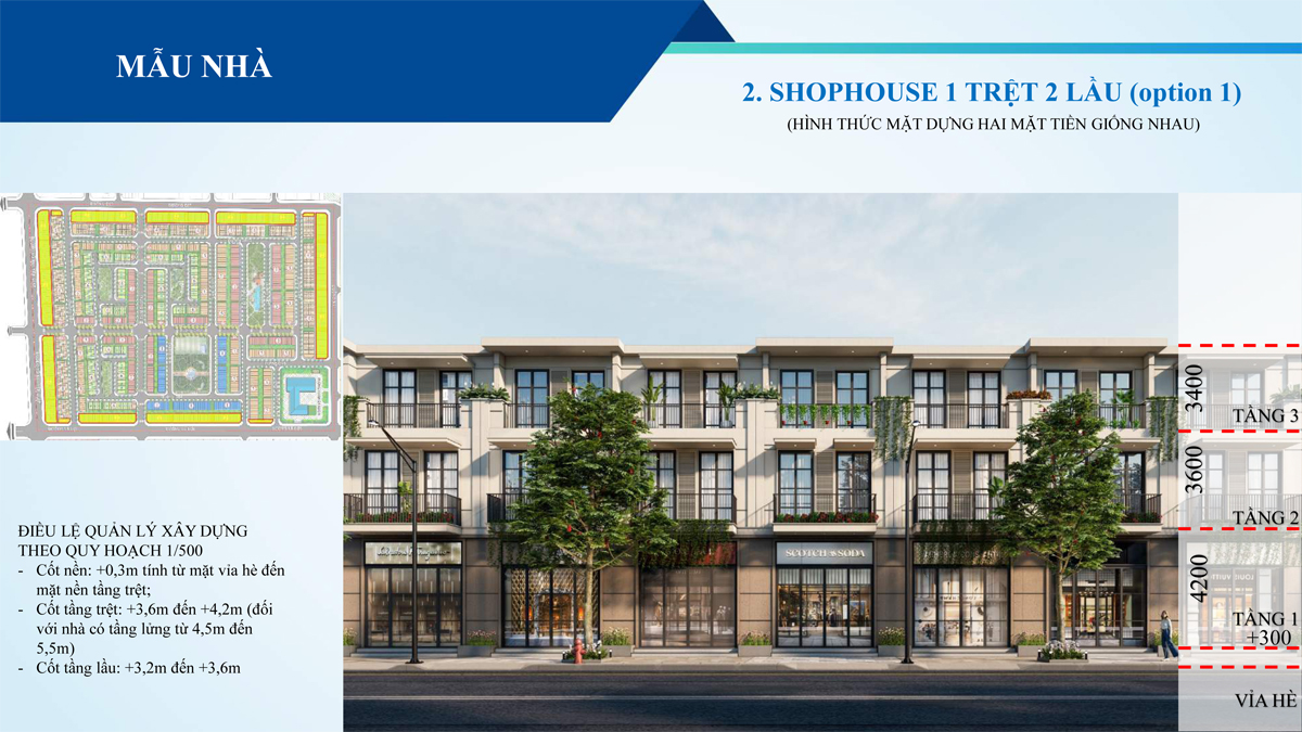 Bản vẽ kỹ thuật mặt bằng Shophouse 1 trệt 2 lầu tại đại đô thị Green City Becamex Bình Dương thiết kế hiện đại.