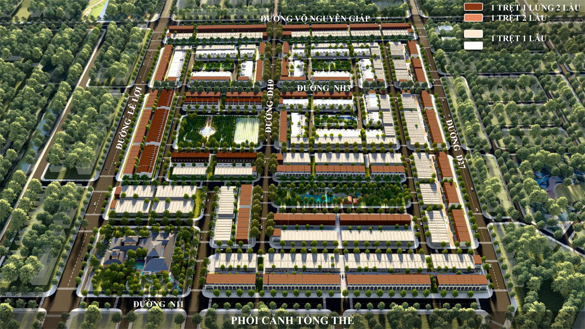 Sơ đồ chi tiết mặt bằng tổng thể dự án Becamex Green City Bình Dương, phân tách các khu vực nhà ở, thương mại, dịch vụ và mảng xanh sinh thái.