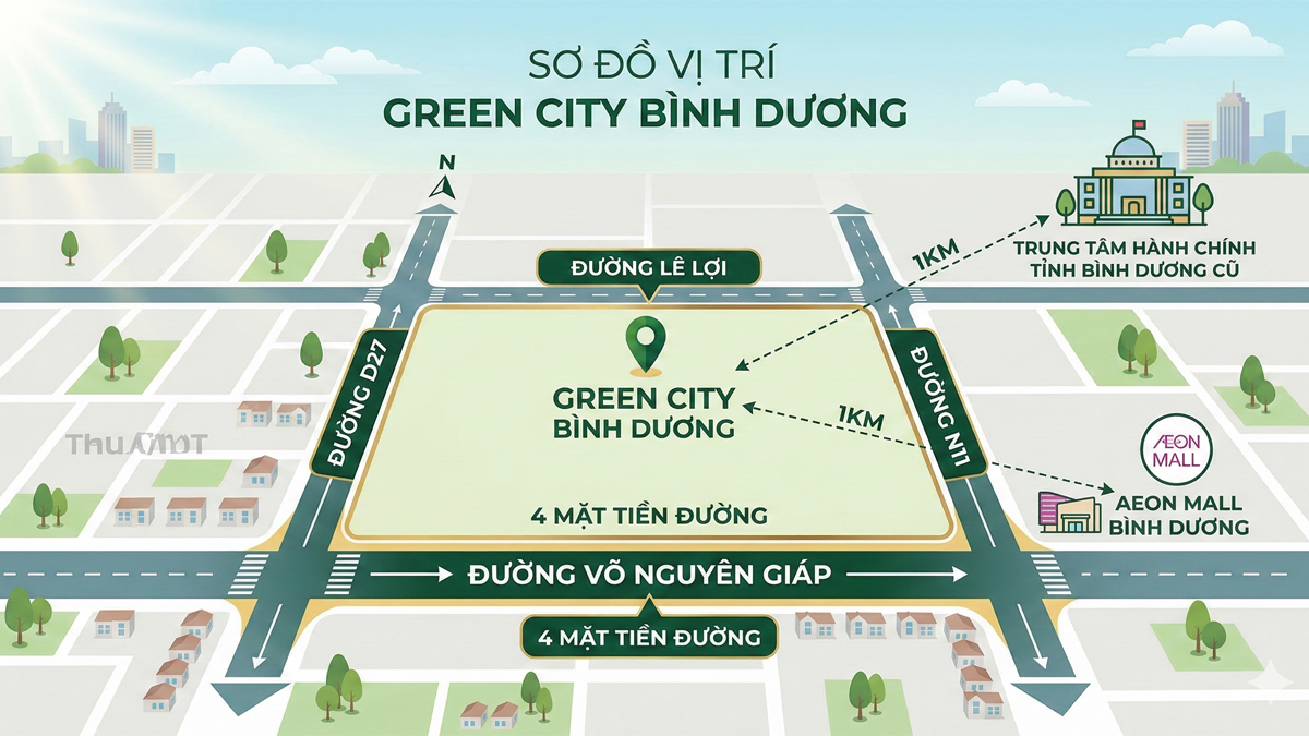Sơ đồ vị trí chi tiết dự án Green City Bình Dương kết nối trực tiếp các trục đại lộ huyết mạch và Khu công nghiệp Becamex